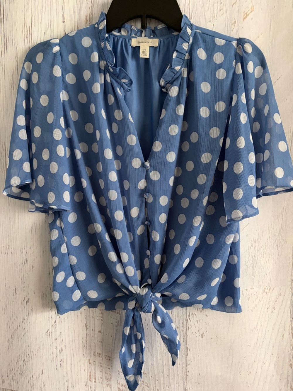 Tamara H. Blue & White Polka Dot Button Down and Tie-Front Blouse
